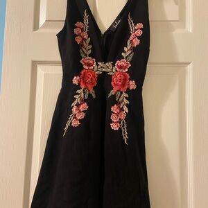 Lulu's Black Dress with Red and Pink Floral Embroidery